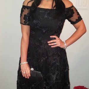 Tahari Black Lace, Off-the-Shoulder Tea-Length Dress